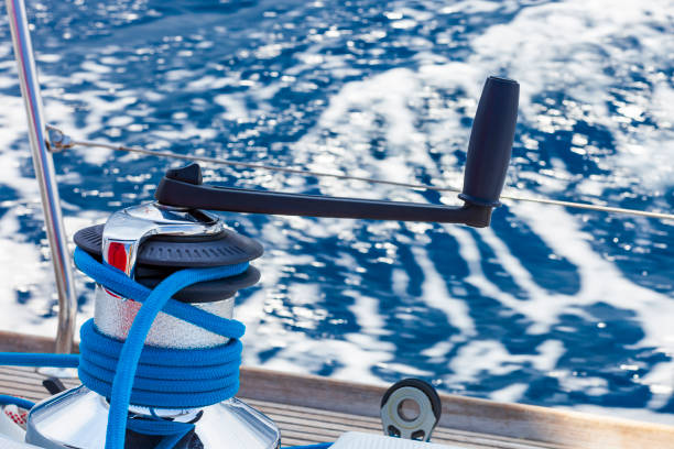 istock Winch with rope and handle on sailing boat 1778688051