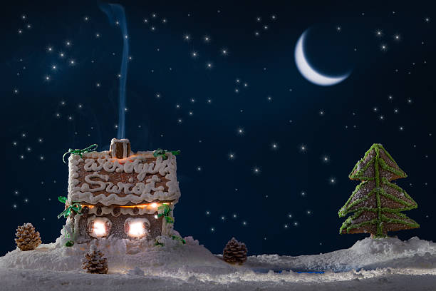 istock Gingerbread home with blue smoke and moon 177869898