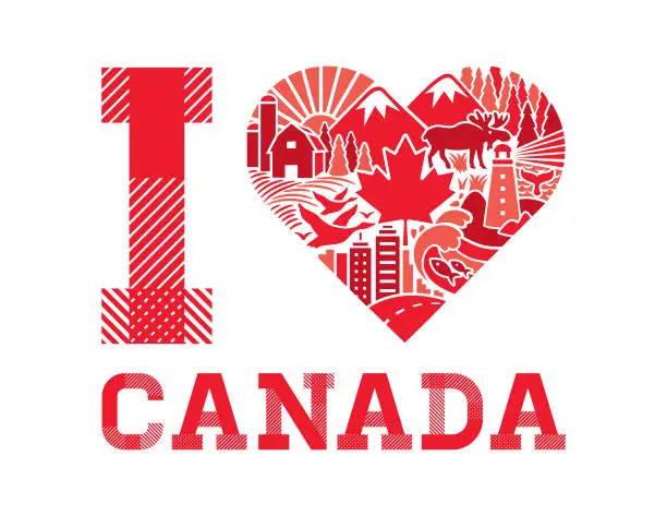 Vector illustration of I Love Canada - Heart and Maple Leaf Mosaic