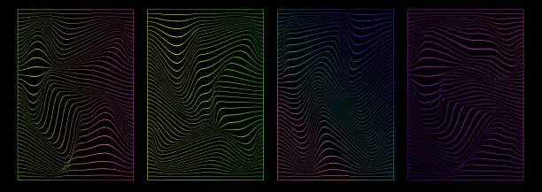 Vector illustration of Set of distorted vertical neon grid pattern. Trendy retro 1980s, 2000s style. Abstract posters. Cyberpunk elements in trendy psychedelic rave style.