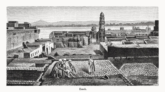 Historical view of Esna (Esneh) - a city of Upper Egypt. It is located on the west bank of the Nile some 55 km (34 mi) south of Luxor. The place is known for the exposed pronaos of the Khnum Temple, which is located in the middle of today's city center. Wood engraving, published in 1894.