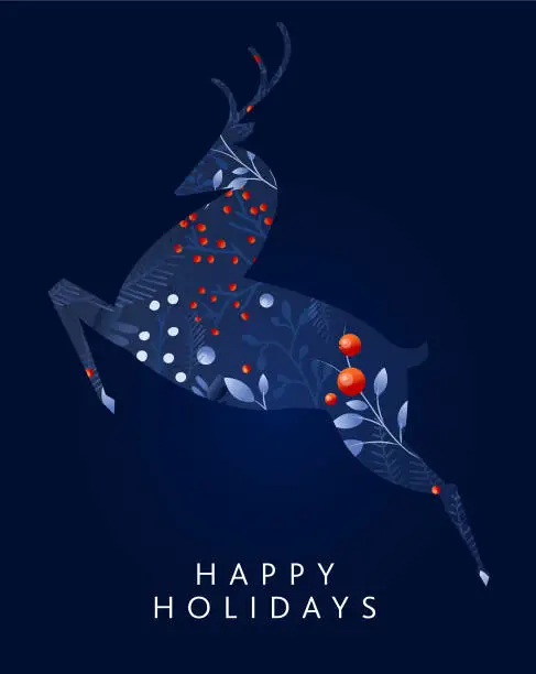 Vector illustration of Happy Holidays Greeting card design template jumping deer shape in dark blue with hand drawn branches and florals
