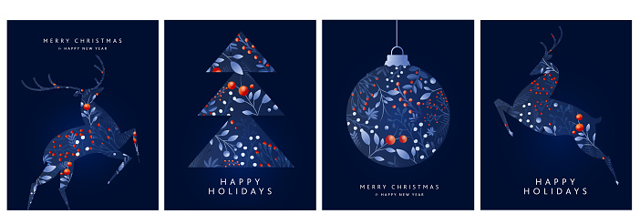 Vector illustration of a set of Merry Christmas, Happy New Year and Happy Holidays greetings. Includes Deer, Christmas Tree and ornament shapes. Invitation card design with blue and red branches and berries on a rich dark blue background. Easy to customize. Download includes eps 10 and high resolution jpg.
