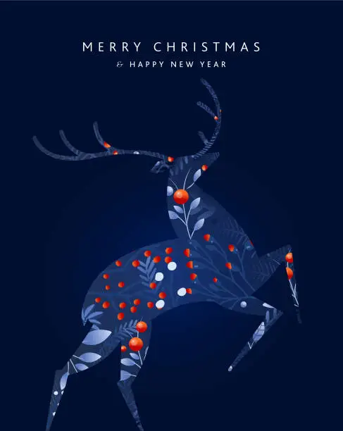 Vector illustration of Merry Christmas and Happy New Year Greeting card design template jumping deer shape in dark blue with hand drawn branches and florals