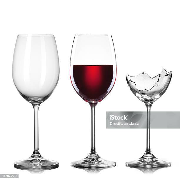 Empty Full Of Wine And Broken Wineglasses Isolated On White Stock Photo - Download Image Now