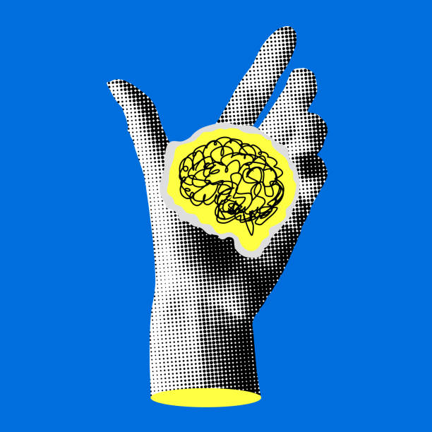 Human psyche concept. Pop art style collage. Halftone hand controls brain. Piece of paper with brain. Hand crushing brain. Intelligence, knowledge. Human psyche concept. Social influence. Psychological problems puppet strings stock illustrations