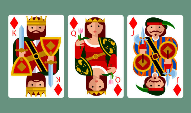 Diamond suit playing cards of King, Queen and Jack in funny modern flat style. Vector illustration