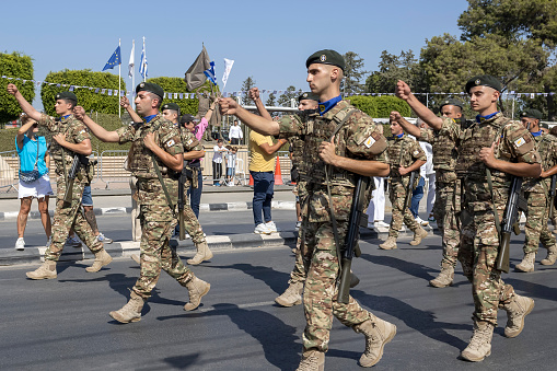 Limassol, Cyprus, October 28th, 2023: Young National Guard soldiers marching on Ohi Day parade