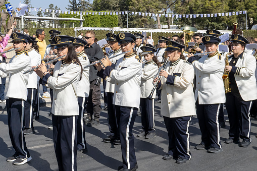 Limassol, Cyprus, October 28th, 2023: Youth brass band taking part in Ohi Day parade