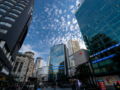 Auckland, New Zealand - April 23rd, 2023: Exterior view of office buildings in Downtown Auckland, New Zealand