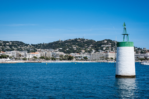The coastline of Cannes taken from the water in early May 2023.
