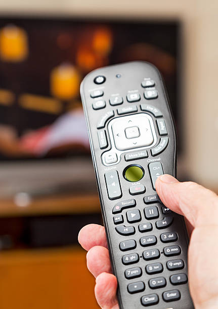 istock Close up of TV remote control with television 177876696