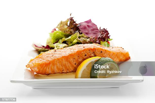 Salmon Steak Stock Photo - Download Image Now - Plate, Salmon - Seafood, Fish