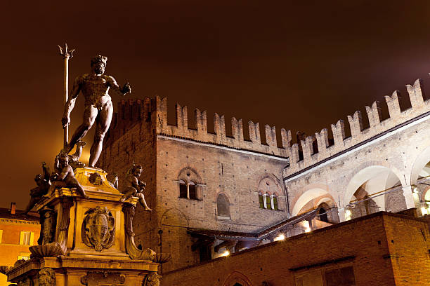 Fountain of Neptune in Bologna at night stock photo