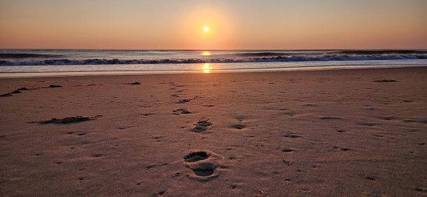 A solitary individual stands on a picturesque beach, their feet in the sand, with the sun setting in the distance and waves lapping against the shore