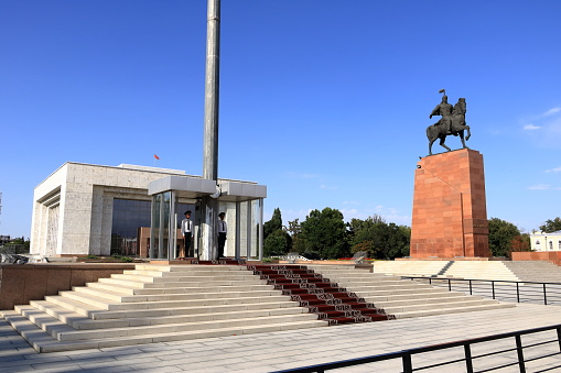 August 18 2023 - Bishkek in Kyrgyzstan, Central Asia: Manas Statue and State History Museum in the centre of the kyrgyz capital