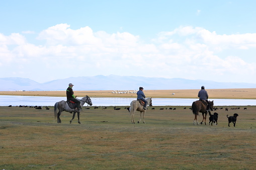 August 25 2023 - Song kol Lake in Kyrgyzstan: People relax and enjoy the nature around the lake