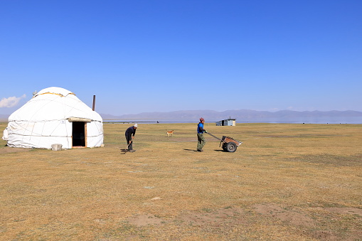 August 23 2023 - Song kol lake in Kyrgyzstan: nomad people live their ordinary life on the summer pasture