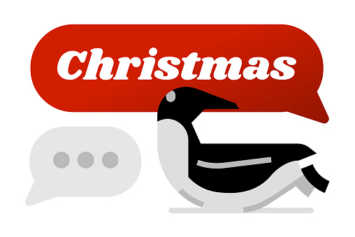 Red Christmas sign and speech bubble with penguin
