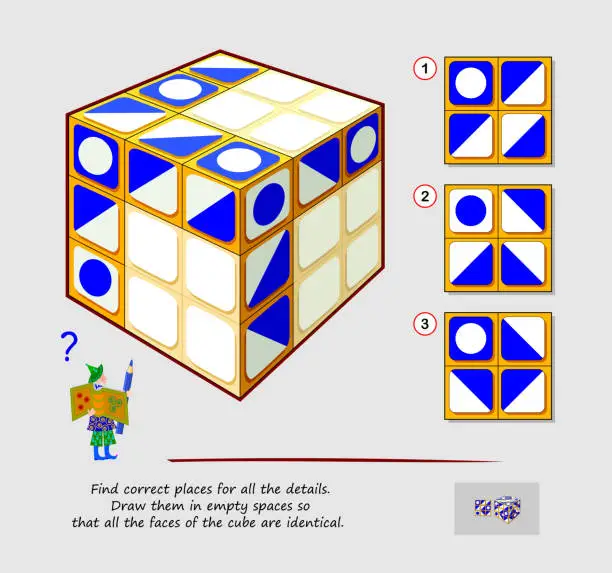Vector illustration of Logic puzzle game for smartest. Find correct places for all the details. Draw them in empty spaces so that all the faces of the cube are identical. Printable page for brainteaser book.