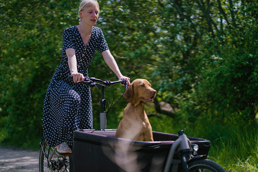 Young woman pedals her cargo bike, accompanied by her furry companion, through a serene city park.
