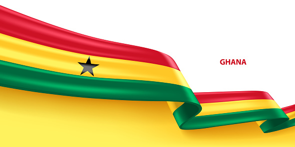 Ghana 3D ribbon flag. Bent waving 3D flag in colors of the Ghana national flag. National flag background design.