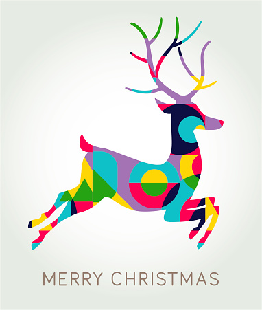 Abstract Styled Patterned Christmas Reindeer. Minimal Swiss Style, Geometric, Multi-Colored,  Creativity, modern, Happy Holidays - short phrase, Christmas, Religion, Christianity, winter,