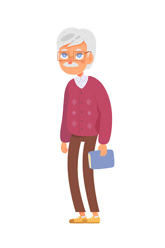 Senior gray haired man with moustache and glasses vector illustration. Cartoon smiling elderly gentleman with book. Grandfather. Happy old age. 3D flat design for social media and web.
