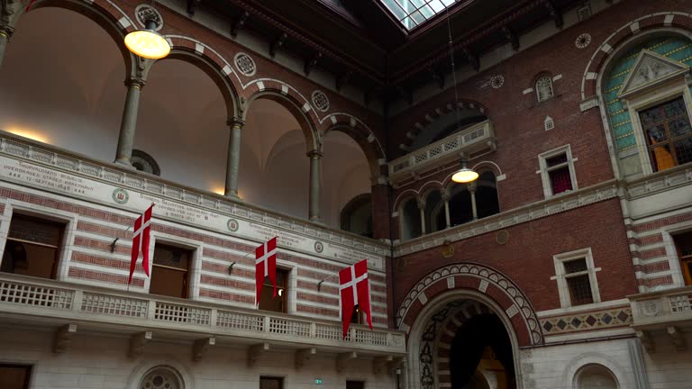 Danish flags covering the interior facade of the Copenhagen city hall