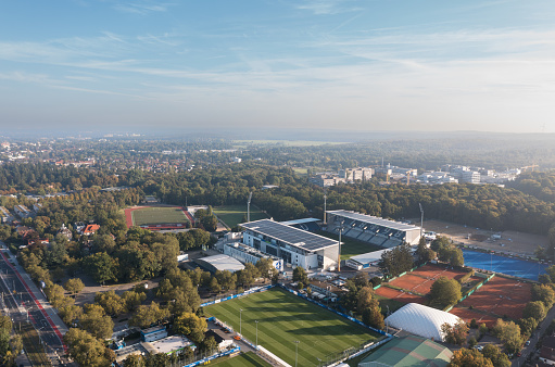 Darmstadt, Hesse, Germany - October 01 2023: Aerial skyline view of Stadion am Böllenfalltor (Merck-Stadion, Böllenfalltorstadion), home stadium for Bundesliga football club SV Darmstadt 98