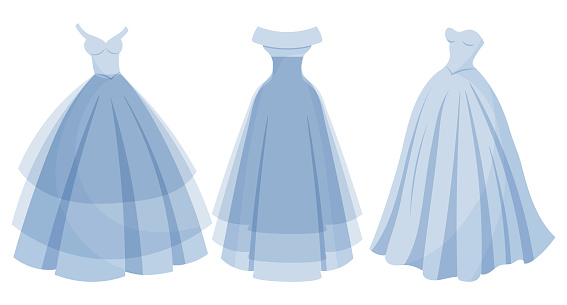 A set of luxurious blue dresses, a collection of princess wedding dresses. Fashion. Illustration, vector