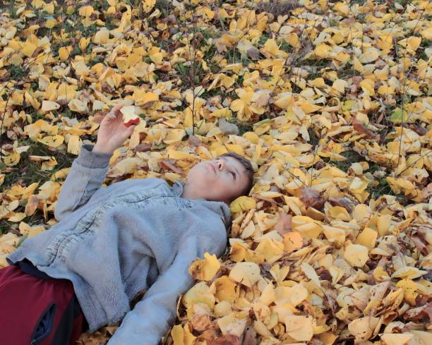 Portrait of one cute boy in a hat in the garden with a red apple, emotions, happiness, food. Autumn harvest of apples. Approving Gestures Stock Photos.