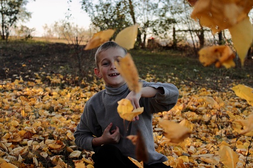 The boy, playing in the park, throws yellow autumn leaves at the camera