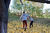 Two boys are playing with yellow autumn leaves under a tree in the garden