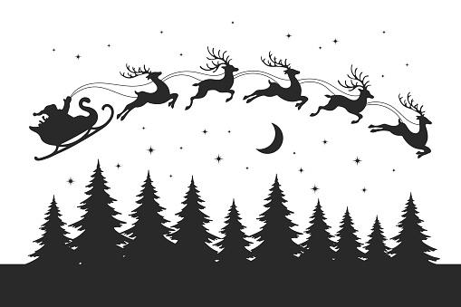 Santa on a sleigh with reindeers in the sky with the moon, winter landscape, silhouette on a white background. Christmas illustration, vector