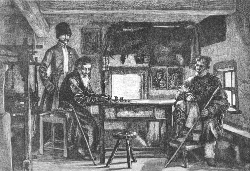 A headman, a pawnbroker and a retired soldier, old vintage illustration, 1898