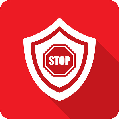 Vector illustration of a shield with stop sign icon against a red background in flat style.