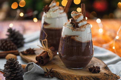 Two cups of hot chocolate with whipped cream for the Christmas
