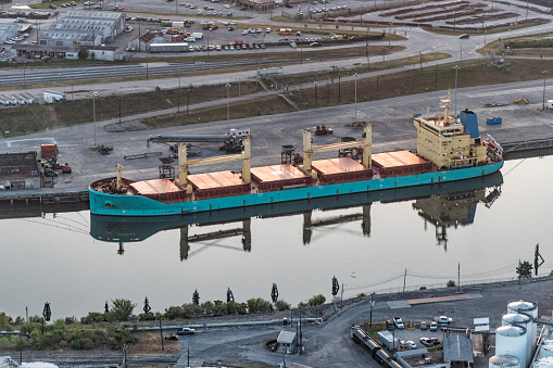 A moored bulk cargo carrier at a dock in the Houston Ship Channel located about 4 miles east of downtown Houston, Texas.