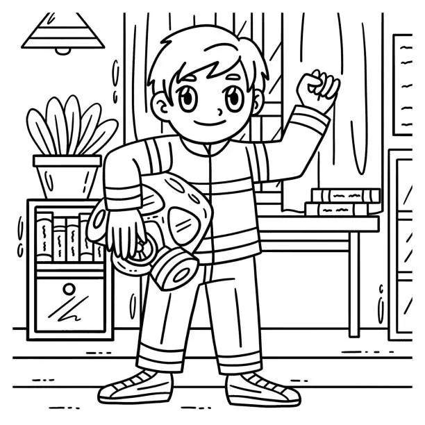Vector illustration of Firefighter Holding Gas Mask Coloring Page
