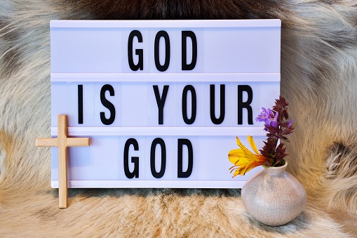 The words 'God Is Your God' in a modern light box theme surrounded by religious cross, crucifix, plants and flowers. This is part of my Signs of the Times collection inspired by church billboard signs for a religious revival movement and great awakening.