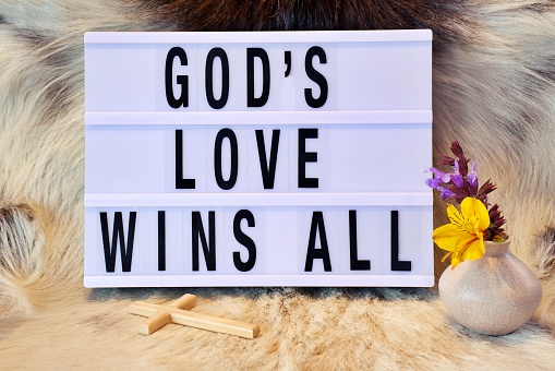 The words 'God's Love Wins All' in a modern light box theme surrounded by religious cross, crucifix, plants and flowers. This is part of my Signs of the Times collection inspired by church billboard signs for a religious revival movement and great awakening.