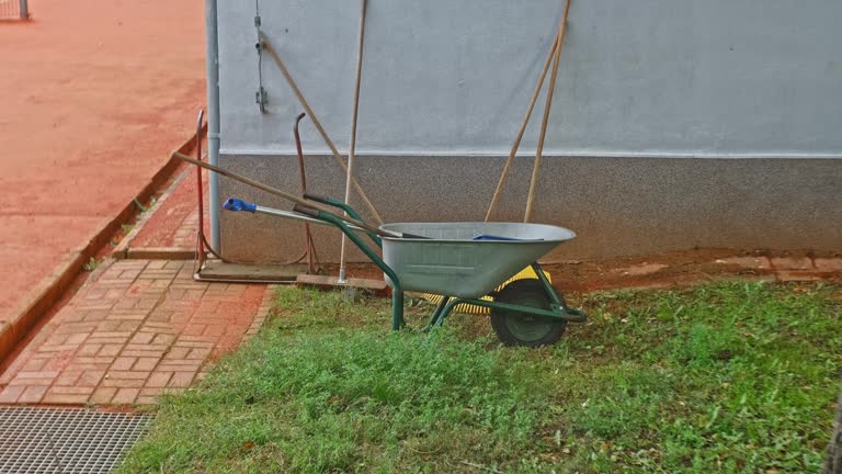 Metal Wheel Barrow and Gardening Equipment Left Outdoors