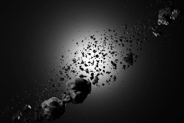 der weltraumplanet explodierte in zahlreiche asteroiden mit einem hellen lichtfleck. illustration des konzepts der explosion eines neuen nova-sterns - big bang flash stock-fotos und bilder