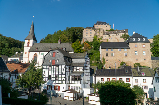 Blankenheim, Germany, September 9, 2023: Blankenheim is a municipality in the state of North Rhine-Westphalia, Germany. View of architecture of the old town center and Blankenheim Castle