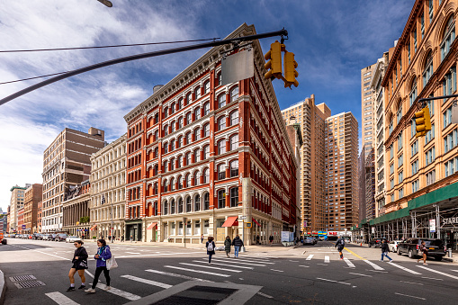 New York, USA - April 23, 2023: The Astor Place Building at 444 Lafayette Street was built in 1876 and is a cast iron building designed by Griffith Thomas