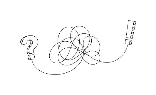 FAQ concept, search the answer. Question mark and exclamation mark connected by a tangled line. Concept of question, answer, search. Vector illustration.