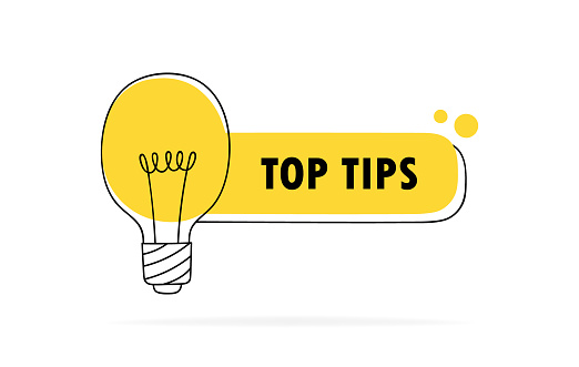Top tips label design with light bulb which glowing. Linear light bulb drawn by hand. Concept of tips, help and advice. Vector illustration.