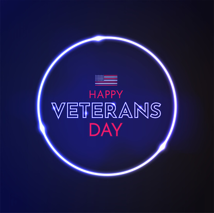 Veterans Day neon circle design with neon USA flag. Vector illustration. EPS10