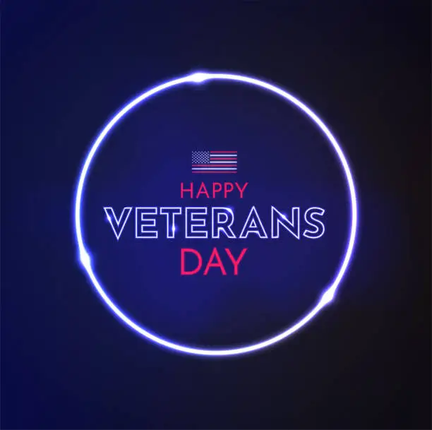 Vector illustration of Veterans Day neon circle design with neon USA flag. Vector